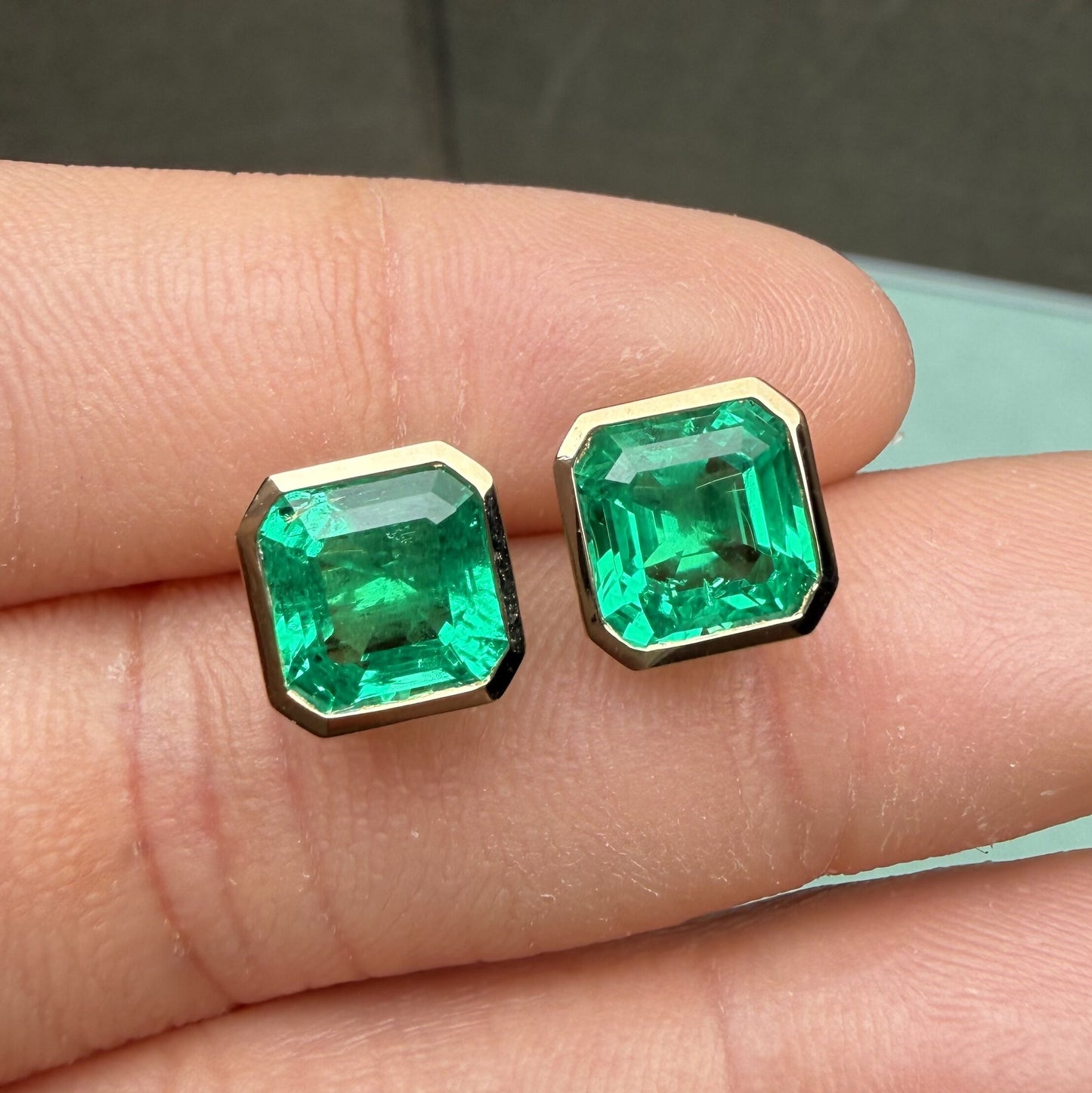 Pirmiana Hot Sale 7X7mm Lab Grown Emerald Earrings Lab Grown Diamond 14K Yellow Gold Girlfriend Gift