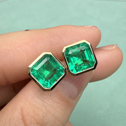 Pirmiana Hot Sale 7X7mm Lab Grown Emerald Earrings Lab Grown Diamond 14K Yellow Gold Girlfriend Gift