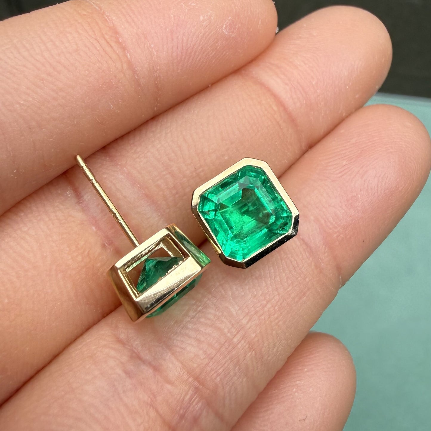 Pirmiana Hot Sale 7X7mm Lab Grown Emerald Earrings Lab Grown Diamond 14K Yellow Gold Girlfriend Gift