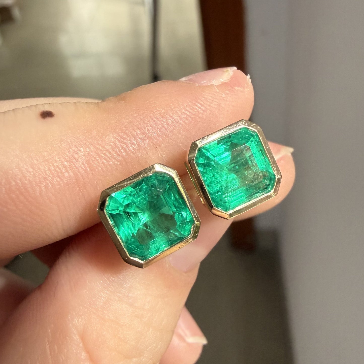 Pirmiana Hot Sale 7X7mm Lab Grown Emerald Earrings Lab Grown Diamond 14K Yellow Gold Girlfriend Gift