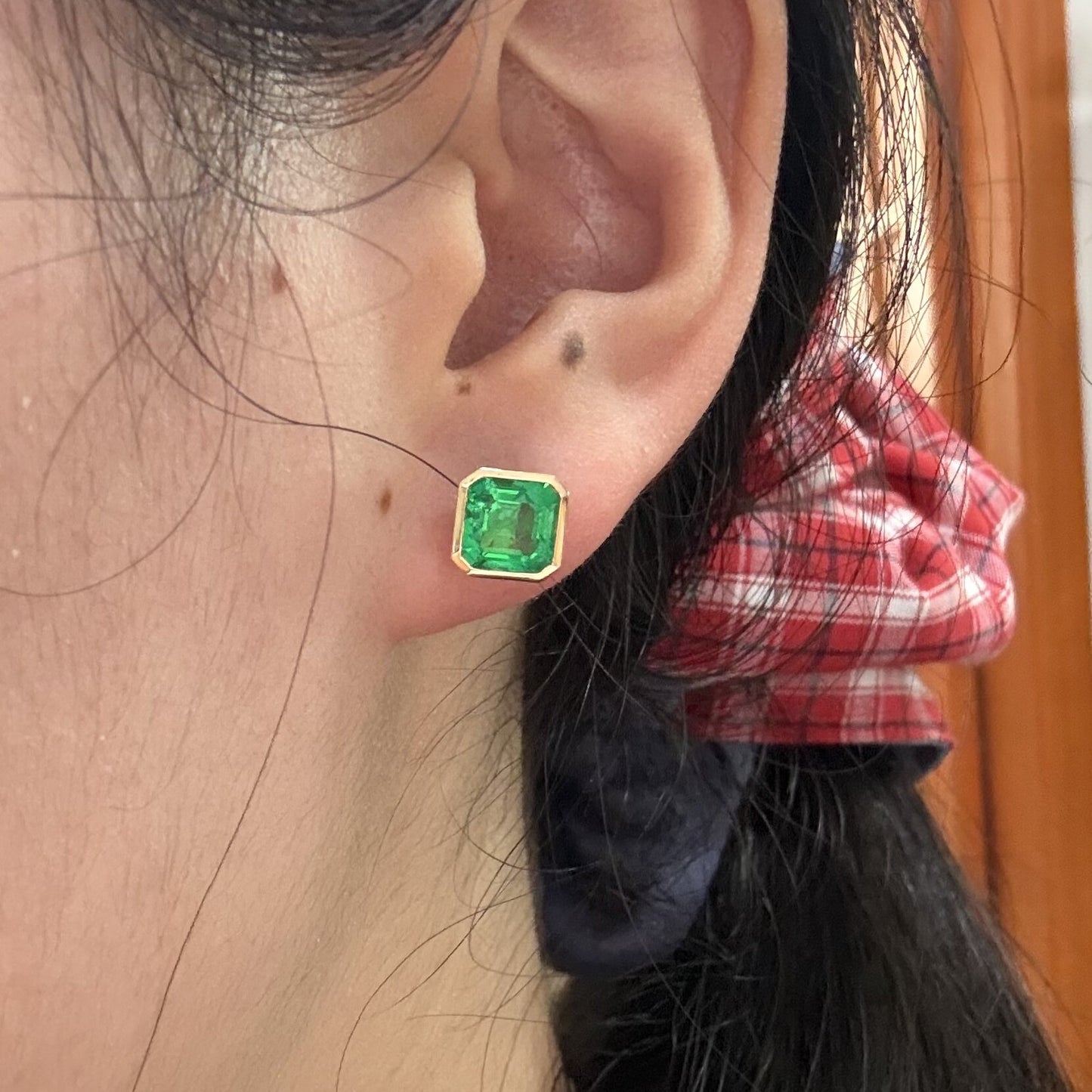 Pirmiana Hot Sale 7X7mm Lab Grown Emerald Earrings Lab Grown Diamond 14K Yellow Gold Girlfriend Gift