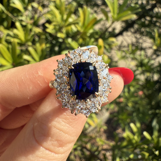 Pirmiana Custom Design 18k Yellow Gold Ring for Women 7x9mm 3ct Lab Grown Sapphire And DEF HPHT Diamond Jewelry