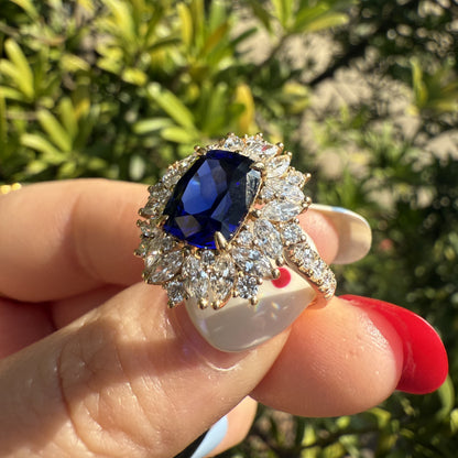 Pirmiana Custom Design 18k Yellow Gold Ring for Women 7x9mm 3ct Lab Grown Sapphire And DEF HPHT Diamond Jewelry