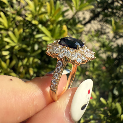 Pirmiana Custom Design 18k Yellow Gold Ring for Women 7x9mm 3ct Lab Grown Sapphire And DEF HPHT Diamond Jewelry