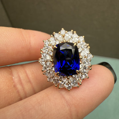 Pirmiana Custom Design 18k Yellow Gold Ring for Women 7x9mm 3ct Lab Grown Sapphire And DEF HPHT Diamond Jewelry