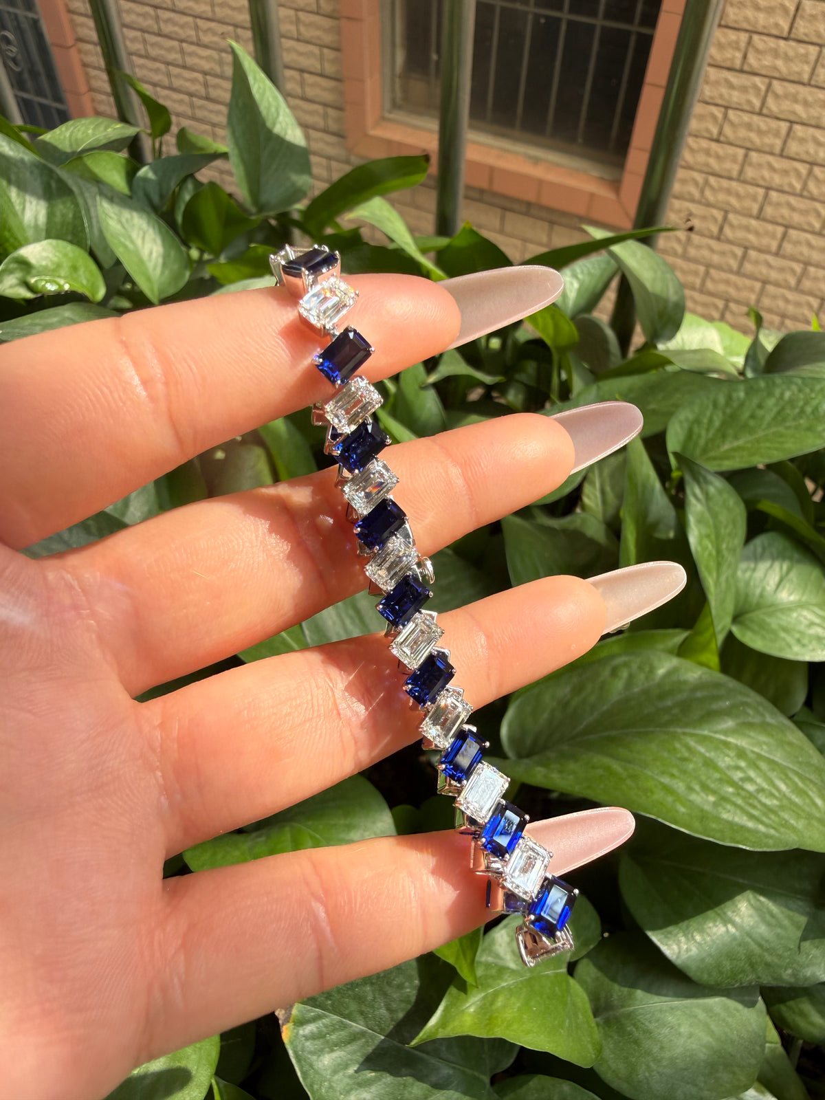 Pirmiana Jewelry Customized 14K White Gold 4x6mm Each Lab Grown Sapphire Bracelet for Women Fine Jewelry