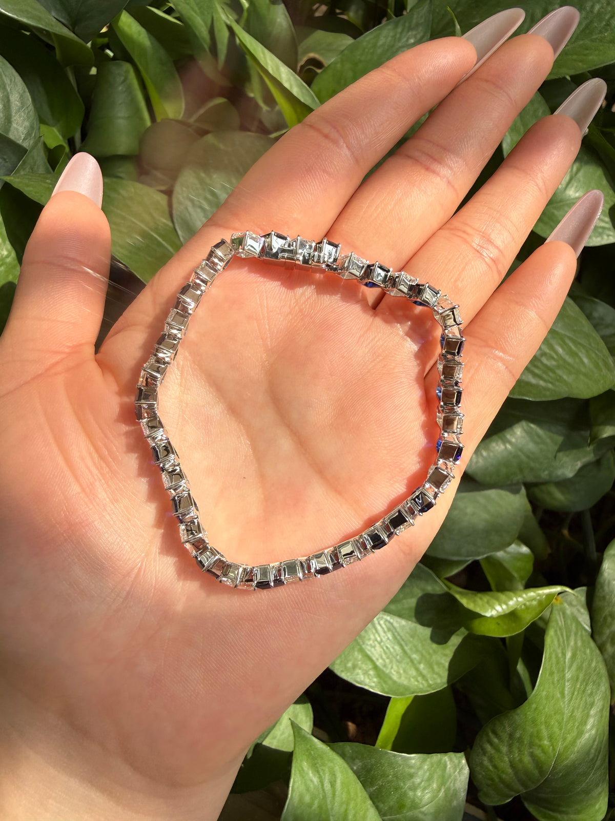 Pirmiana Jewelry Customized 14K White Gold 4x6mm Each Lab Grown Sapphire Bracelet for Women Fine Jewelry