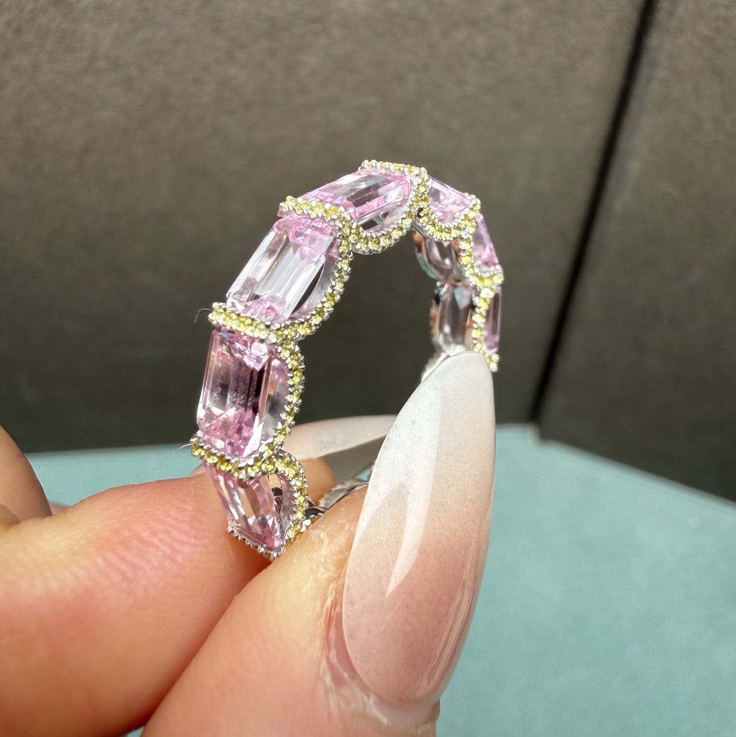 Pirmiana Custom Design 925sliver Ring for Women 4X6mm Lab Grown Pink Sapphire and lab grown yellow sapphire Jewelry