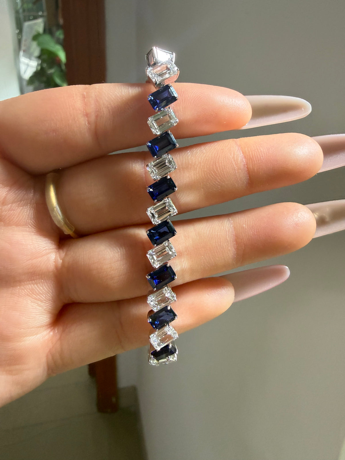 Pirmiana Jewelry Customized 14K White Gold 4x6mm Each Lab Grown Sapphire Bracelet for Women Fine Jewelry