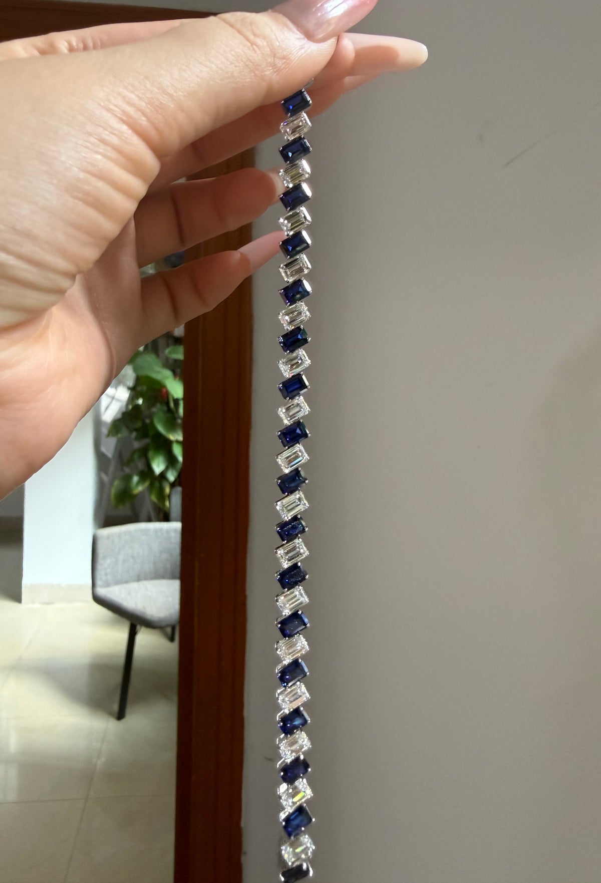 Pirmiana Jewelry Customized 14K White Gold 4x6mm Each Lab Grown Sapphire Bracelet for Women Fine Jewelry