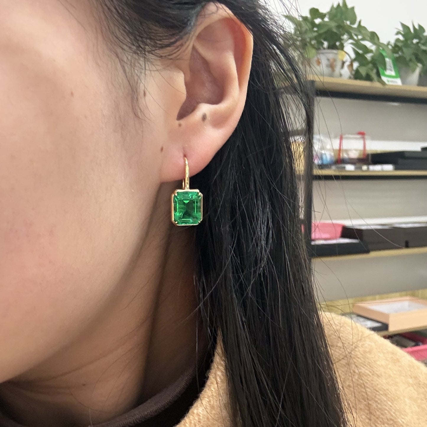 Pirmiana Hot Sale 9x11mm Lab Grown Emerald Earrings Lab Grown Diamond 18K Yellow Gold Girlfriend Gift