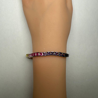 Pirmiana Hot Sale Rainbow Bracelet S925 Silver Setting 4x4mm Square Lab Created Sapphire Fashion Jewelry for Christmas Gifts