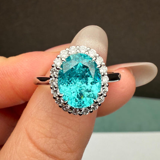 Pirmiana Custom Design 9k White Gold Ring for Women 4.68ct Lab Grown Paraiba And DEF CVD Diamond Jewelry