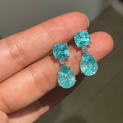 Pirmiana Custom Design 9k White Gold Crush Ice Cut Lab Grown YAG Paraiba Color Earrings