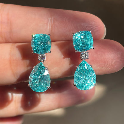 Pirmiana Custom Design 9k White Gold Crush Ice Cut Lab Grown YAG Paraiba Color Earrings