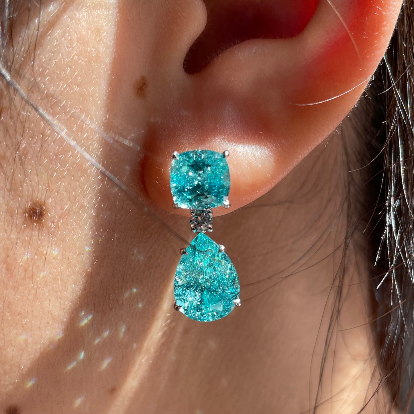 Pirmiana Custom Design 9k White Gold Crush Ice Cut Lab Grown YAG Paraiba Color Earrings