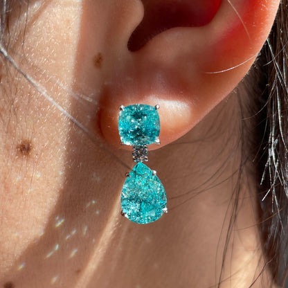 Pirmiana Custom Design 9k White Gold Crush Ice Cut Lab Grown YAG Paraiba Color Earrings