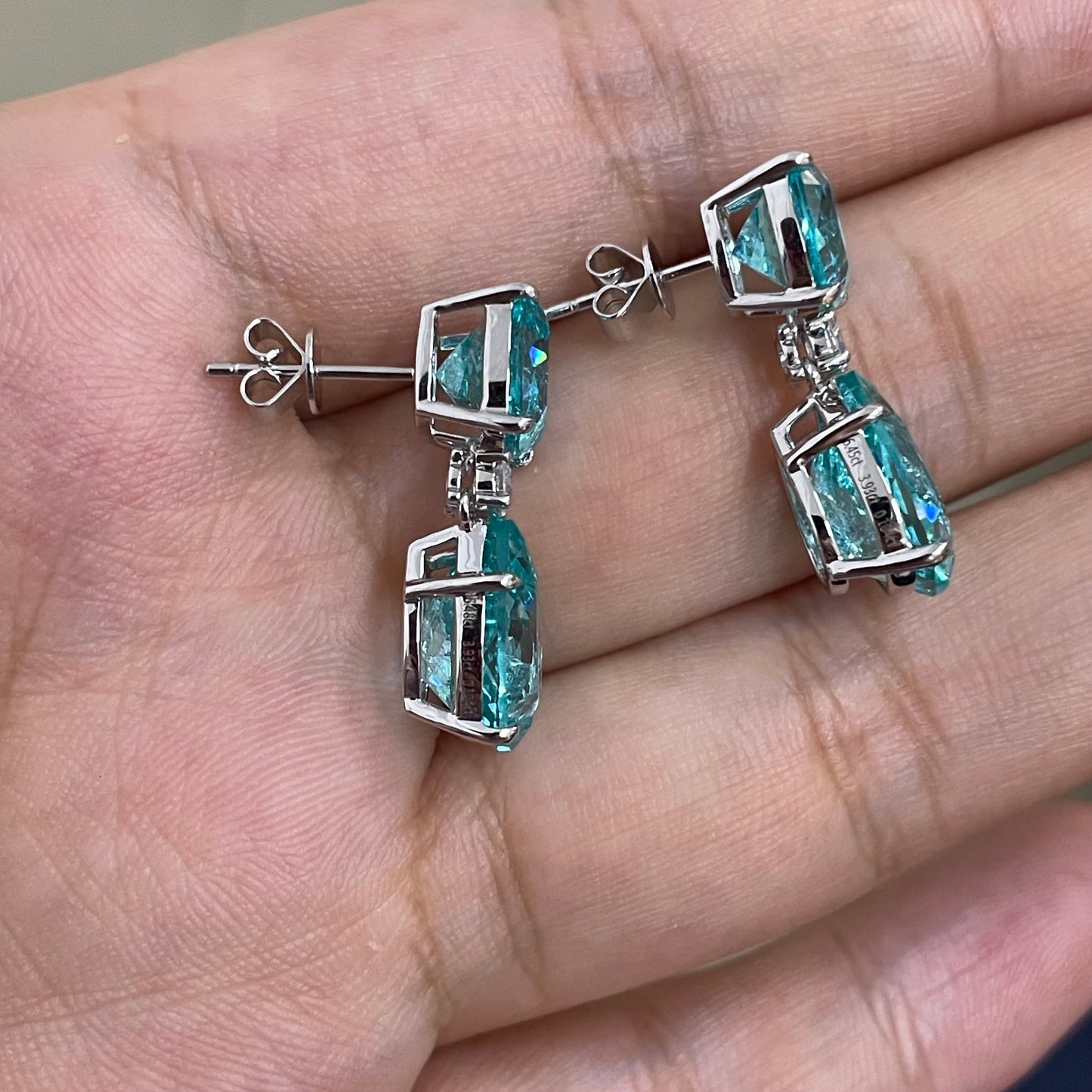 Pirmiana Custom Design 9k White Gold Crush Ice Cut Lab Grown YAG Paraiba Color Earrings