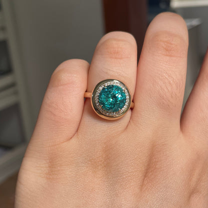 Pirmiana Custom Design 14k Yellow Gold Crush Ice Cut Lab Grown YAG Paraiba Color Ring