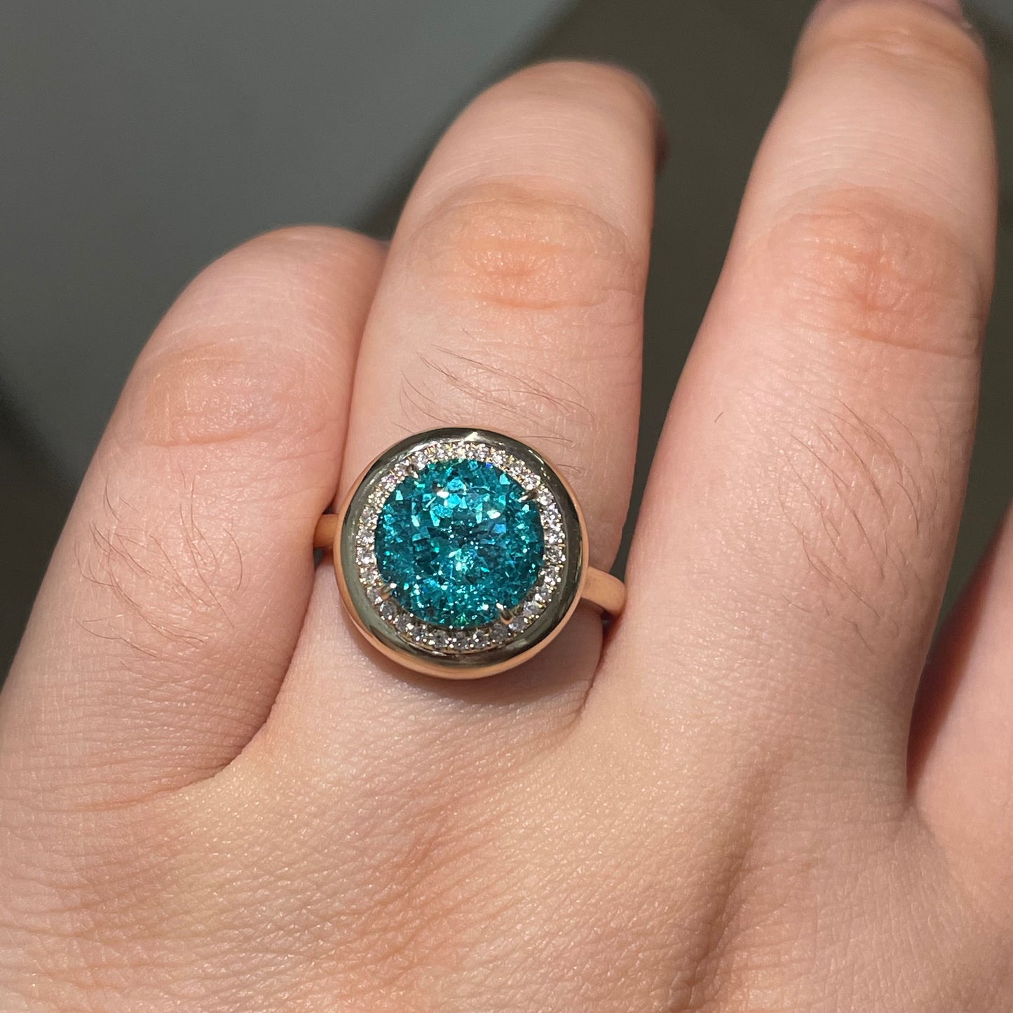 Pirmiana Custom Design 14k Yellow Gold Crush Ice Cut Lab Grown YAG Paraiba Color Ring