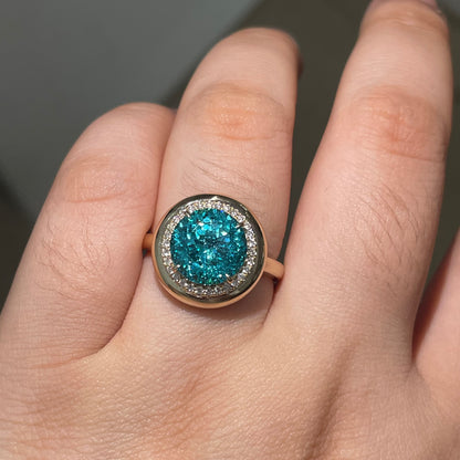 Pirmiana Custom Design 14k Yellow Gold Crush Ice Cut Lab Grown YAG Paraiba Color Ring