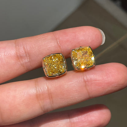 Pirmiana Custom Design 14k Yellow Gold Cushion 6ct Each Yellow Lab Grown Diamond Earrings