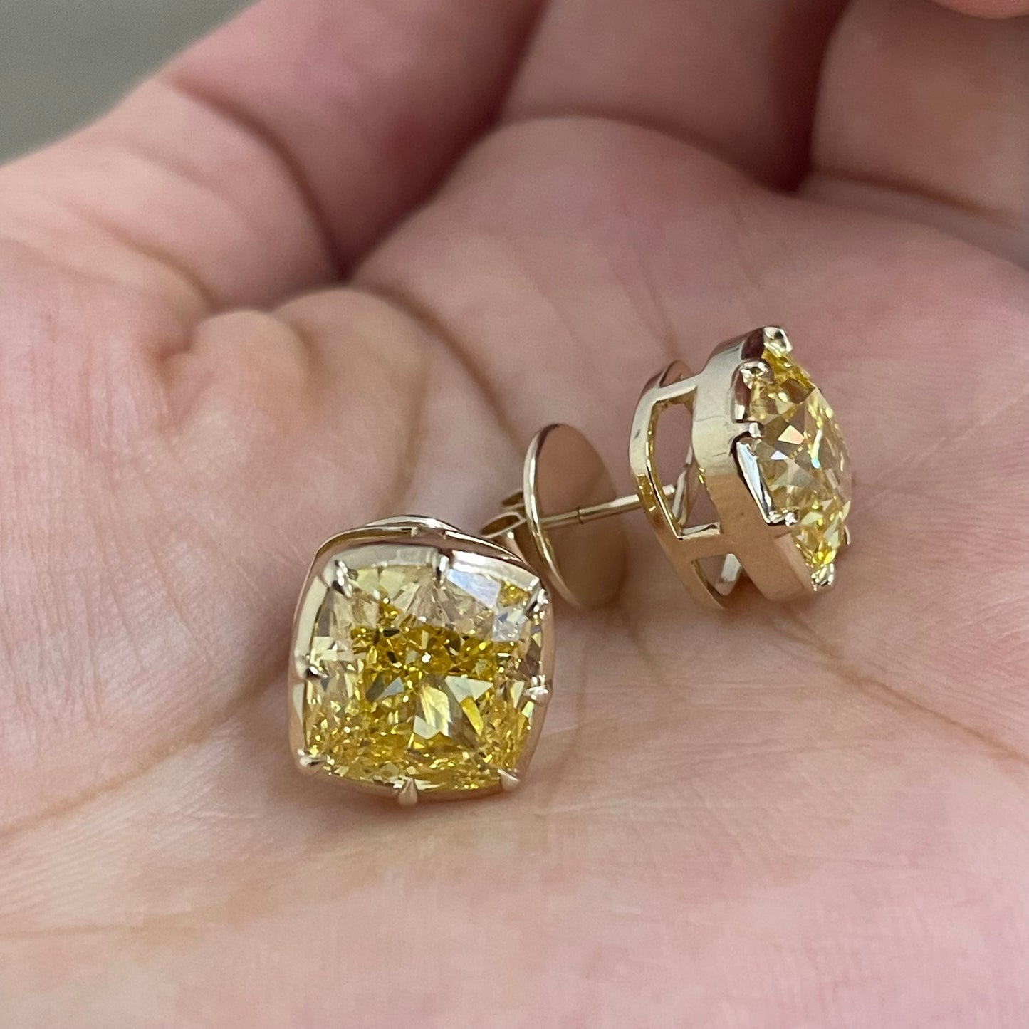 Pirmiana Custom Design 14k Yellow Gold Cushion 6ct Each Yellow Lab Grown Diamond Earrings