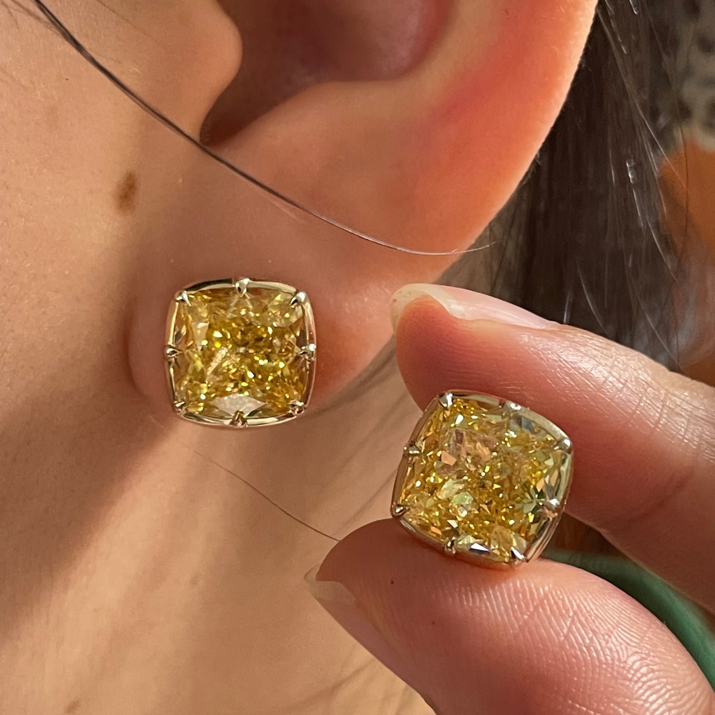 Pirmiana Custom Design 14k Yellow Gold Cushion 6ct Each Yellow Lab Grown Diamond Earrings