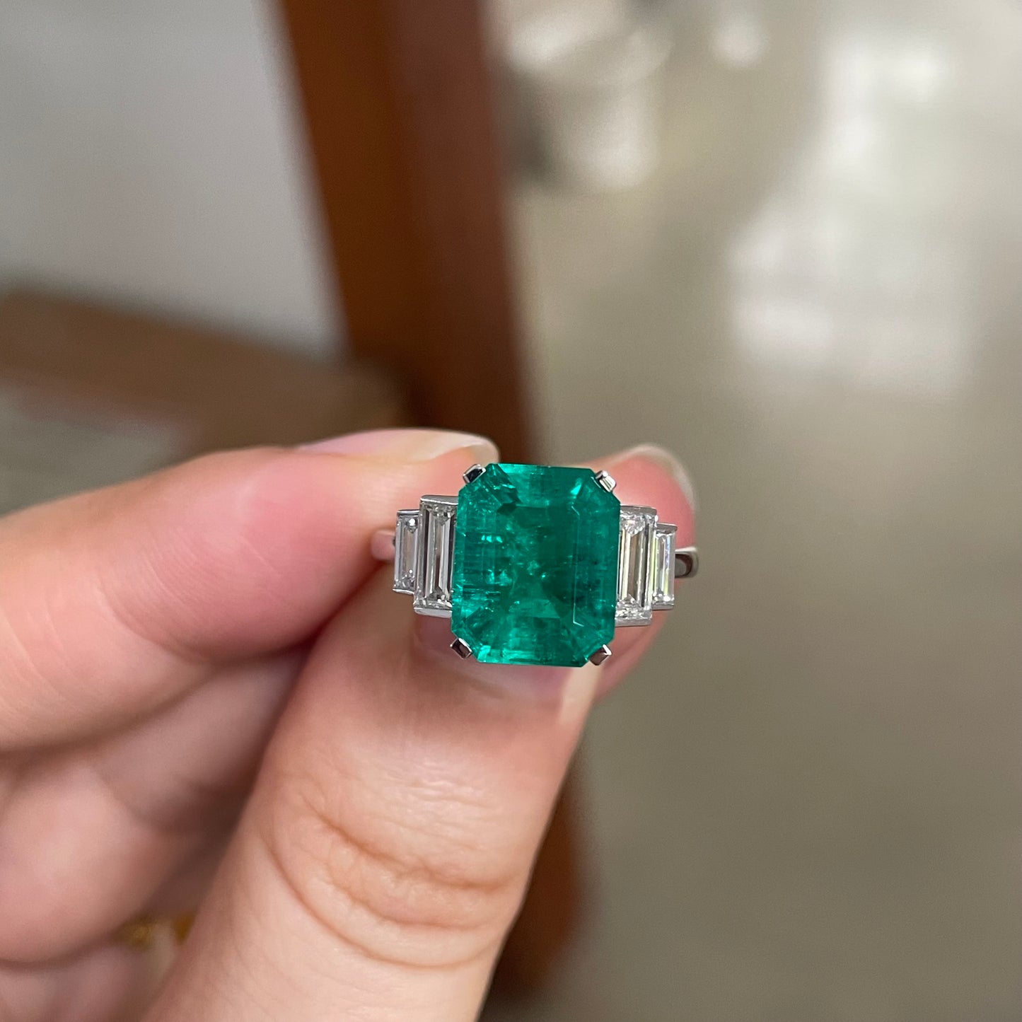 Pirmiana Custom Design 10k White Gold  Lab Grown Emerald With Diamonds Ring