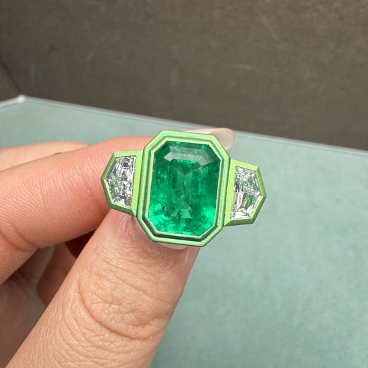 Pirmiana New Arrival Design Titanium Ring 3ct Lab Grown Emerald And D VVS Moissanite Girlfriend Gift