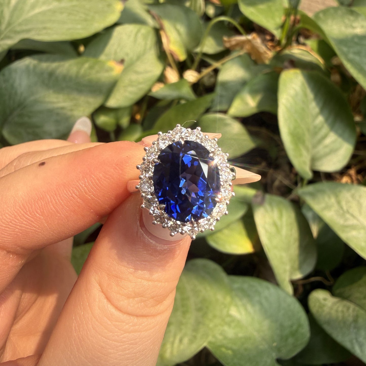 Pirmiana Custom Design 14k White Gold Ring for Women 9x11mm 5ct Lab Grown Sapphire And DEF HPHT Diamond Jewelry