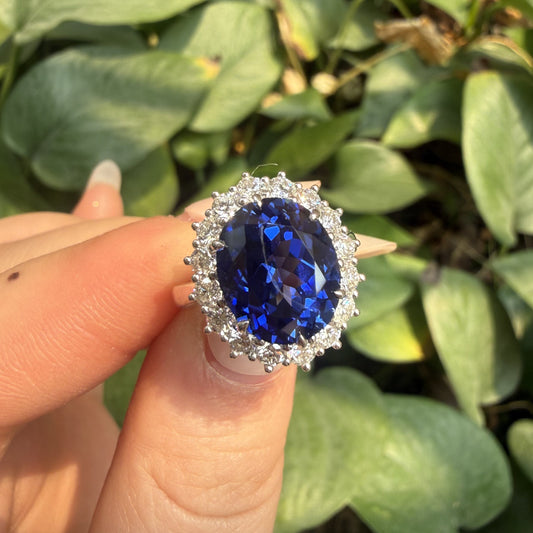 Pirmiana Custom Design 14k White Gold Ring for Women 9x11mm 5ct Lab Grown Sapphire And DEF HPHT Diamond Jewelry