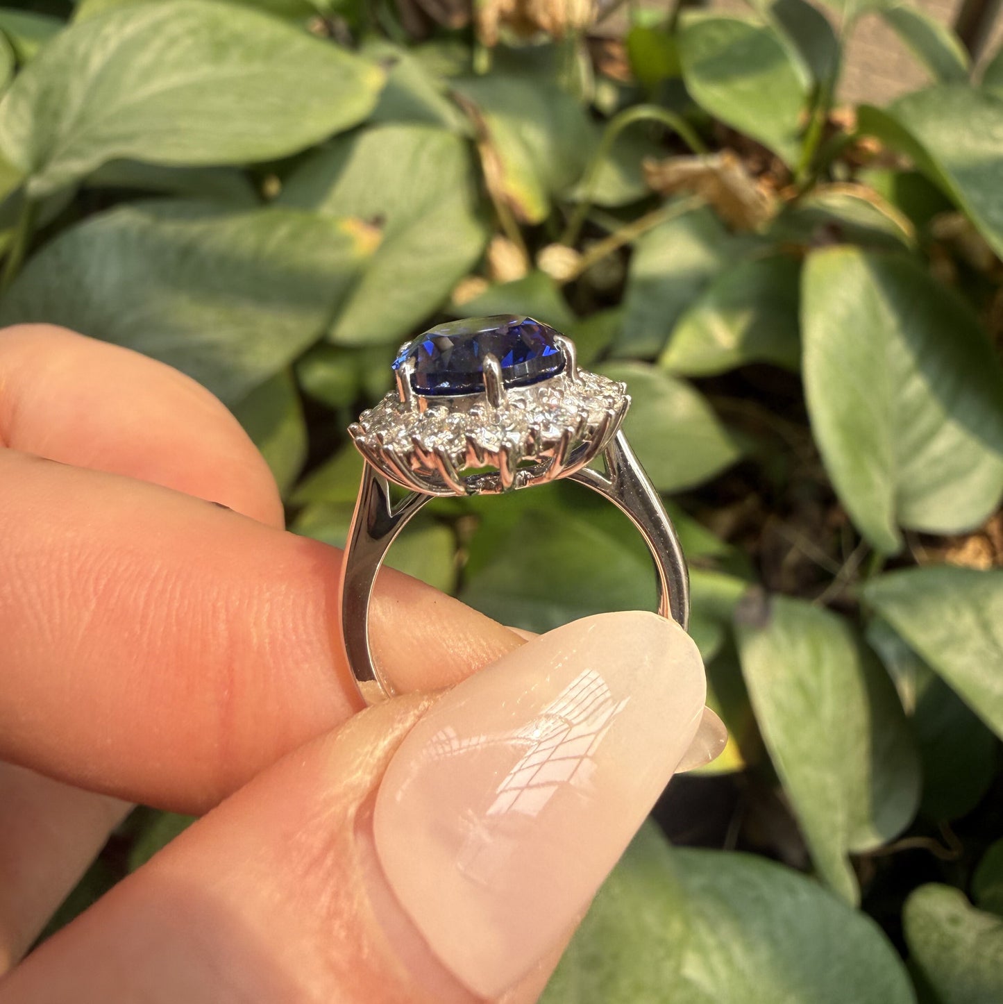 Pirmiana Custom Design 14k White Gold Ring for Women 9x11mm 5ct Lab Grown Sapphire And DEF HPHT Diamond Jewelry