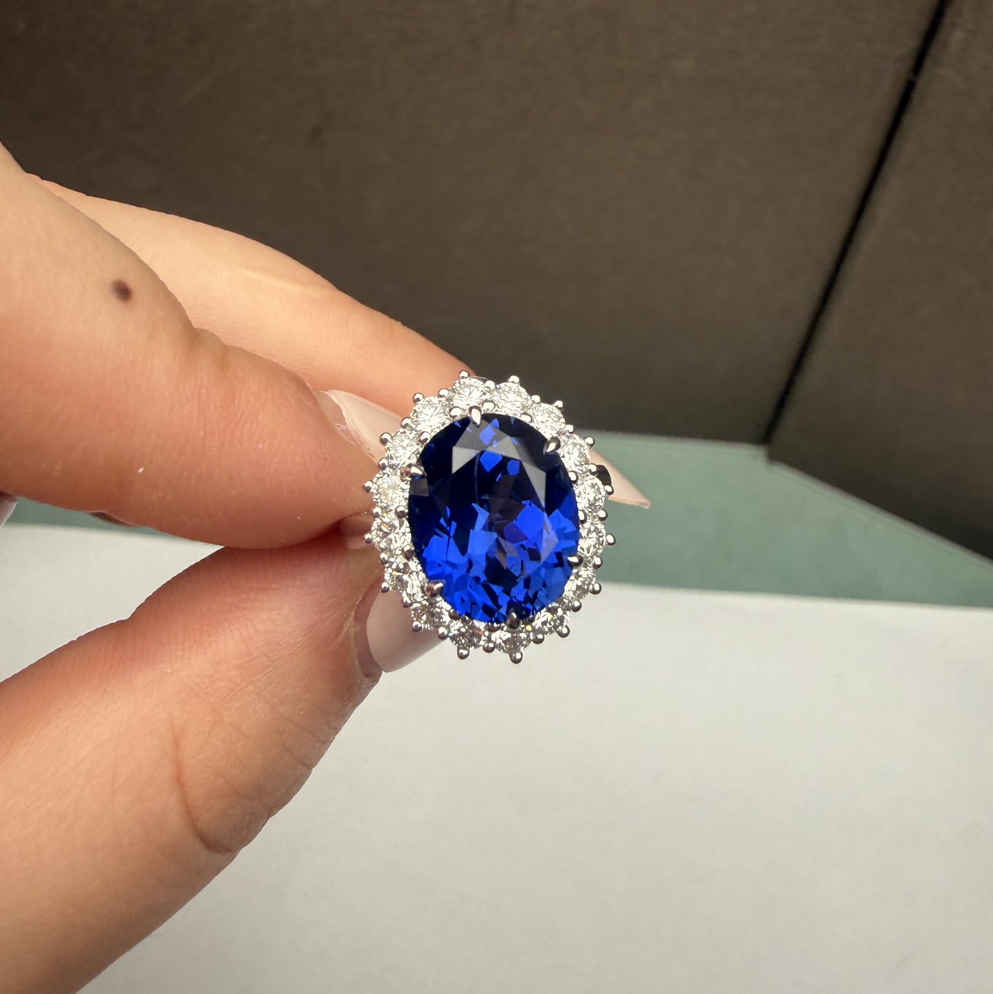 Pirmiana Custom Design 14k White Gold Ring for Women 9x11mm 5ct Lab Grown Sapphire And DEF HPHT Diamond Jewelry