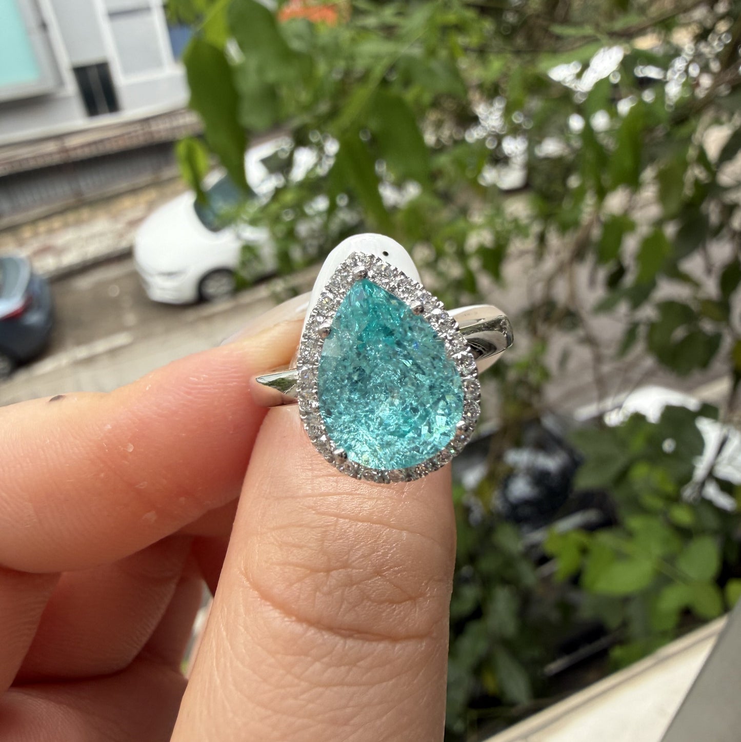 Pirmiana Custom Design 14k White Gold Ring for Women 6.46ct Lab Grown Paraiba And DEF CVD Diamond Jewelry