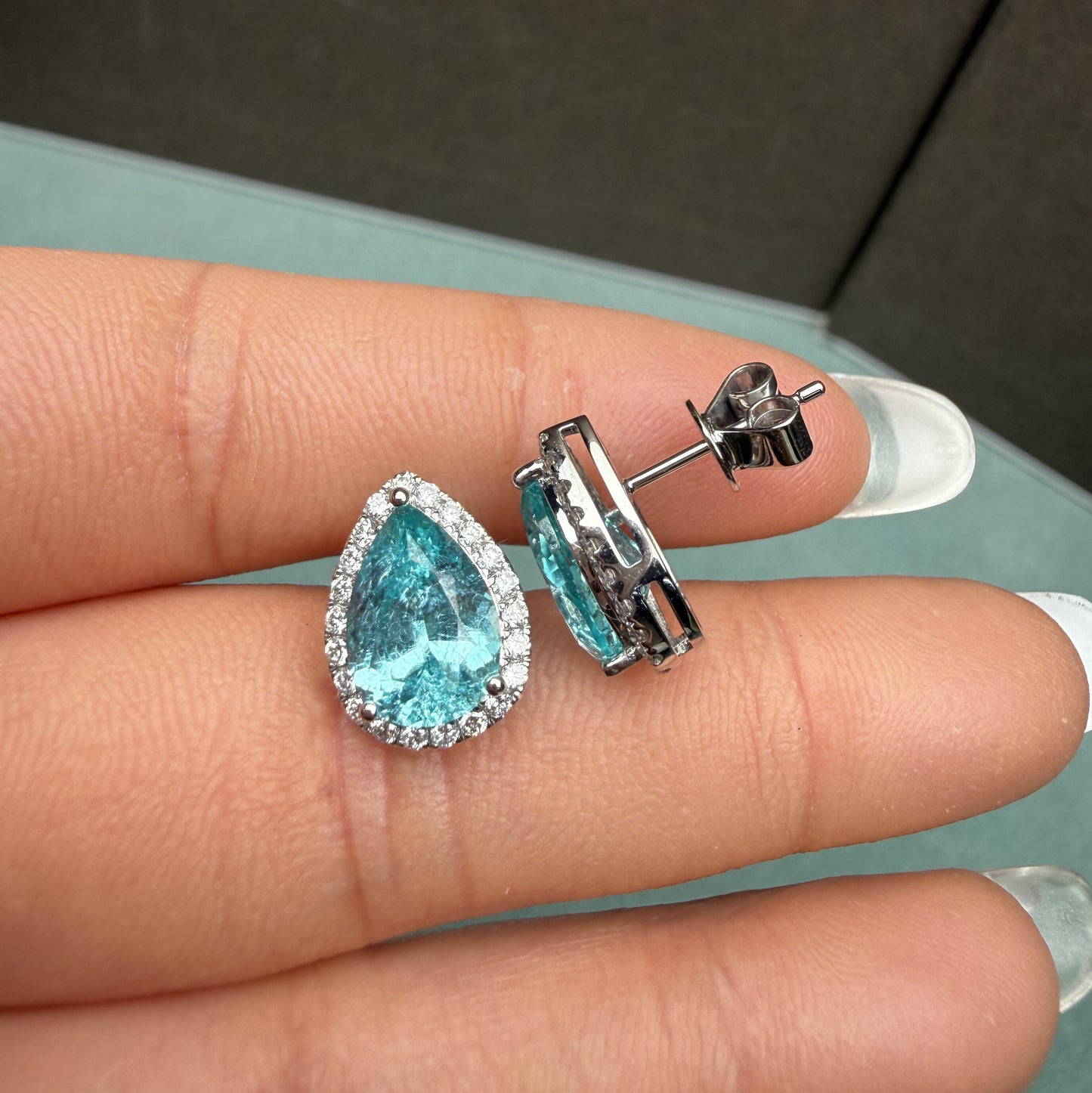 Primiana Classic Style 14K Gold Main Stone 7X10mm Pear Shape Lab Grow Paraiba Earrings Girlfriend Gif