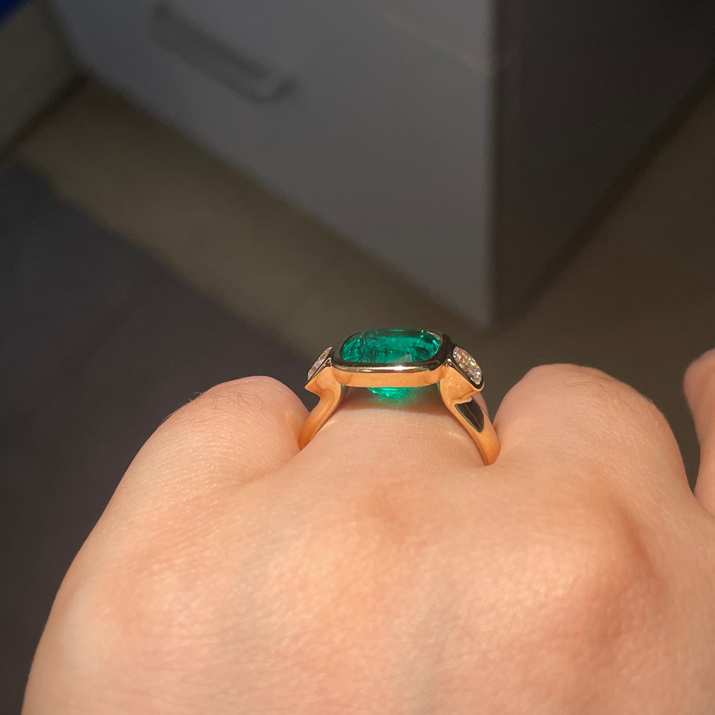 Pirmiana Custom Design 18k Yellow Gold Cushion Shape 10.5mm Lab Grown Emerald Ring