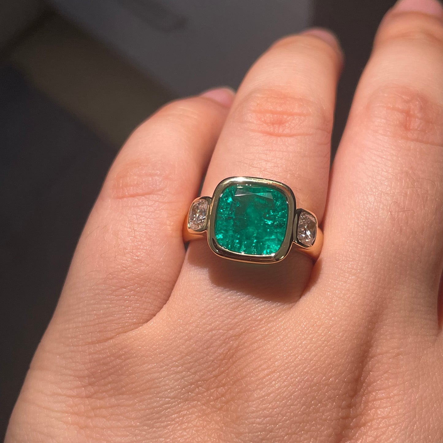 Pirmiana Custom Design 18k Yellow Gold Cushion Shape 10.5mm Lab Grown Emerald Ring