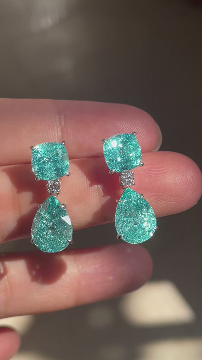 Pirmiana Custom Design 9k White Gold Crush Ice Cut Lab Grown YAG Paraiba Color Earrings