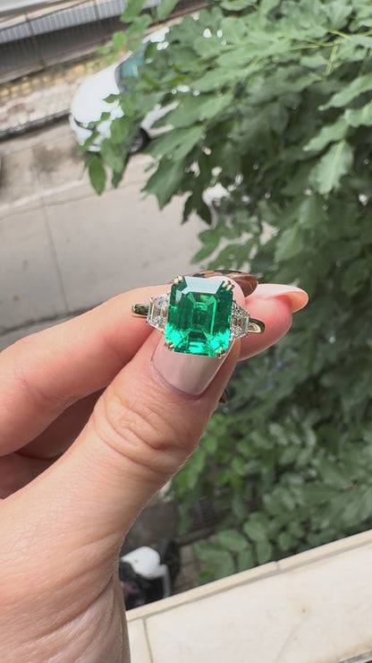 Pirmiana Jewelry Customized 18k Yellow Gold Lab Grown Emerald and Lab Grown Diamond Rings Engagement Wedding Band Rings for Women Fine Jewelry