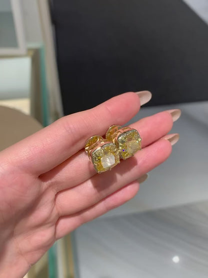 Pirmiana Custom Design 14k Yellow Gold Cushion 6ct Each Yellow Lab Grown Diamond Earrings