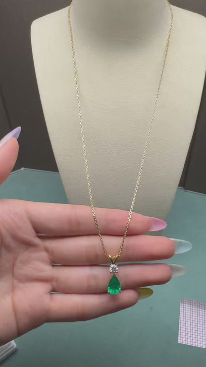 Pirmiana 18K Yellow Gold 1.58ct Lab Grown Emerald and 0.3ct DEF VS Round Cut Lab Grown Diamond necklace and pendant Engagement gift for Women