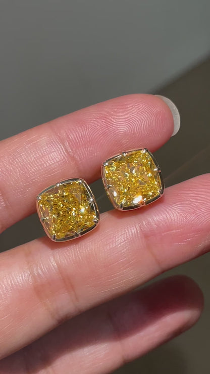 Pirmiana Custom Design 14k Yellow Gold Cushion 6ct Each Yellow Lab Grown Diamond Earrings