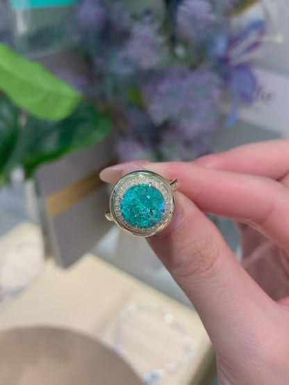 Pirmiana Custom Design 14k Yellow Gold Crush Ice Cut Lab Grown YAG Paraiba Color Ring