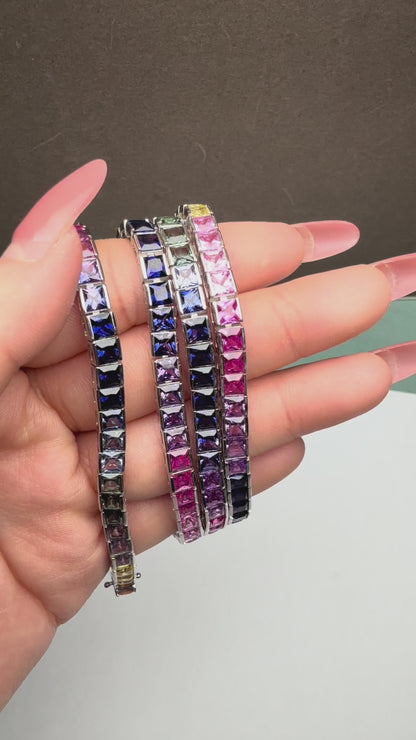 Pirmiana Hot Sale Rainbow Bracelet S925 Silver Setting 4x4mm Square Lab Created Sapphire Fashion Jewelry for Christmas Gifts