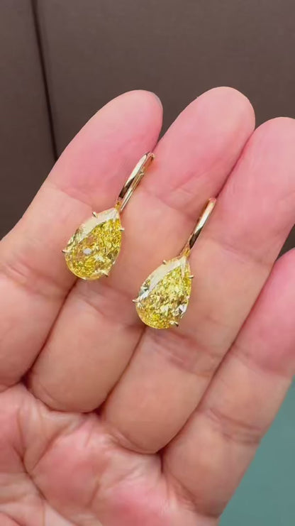 Pirmiana Custom Design 18k Yellow Gold 5.0ct each Pear Shape Lab Grown Yellow Diamond Earrings