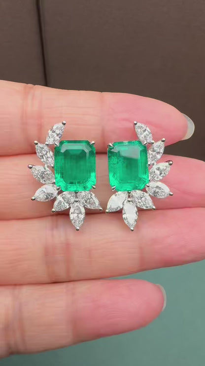 Pirmiana Hot Sale 9x11mm Lab Grown Emerald Earrings Lab Grown Diamond 14K White Gold Girlfriend Gift