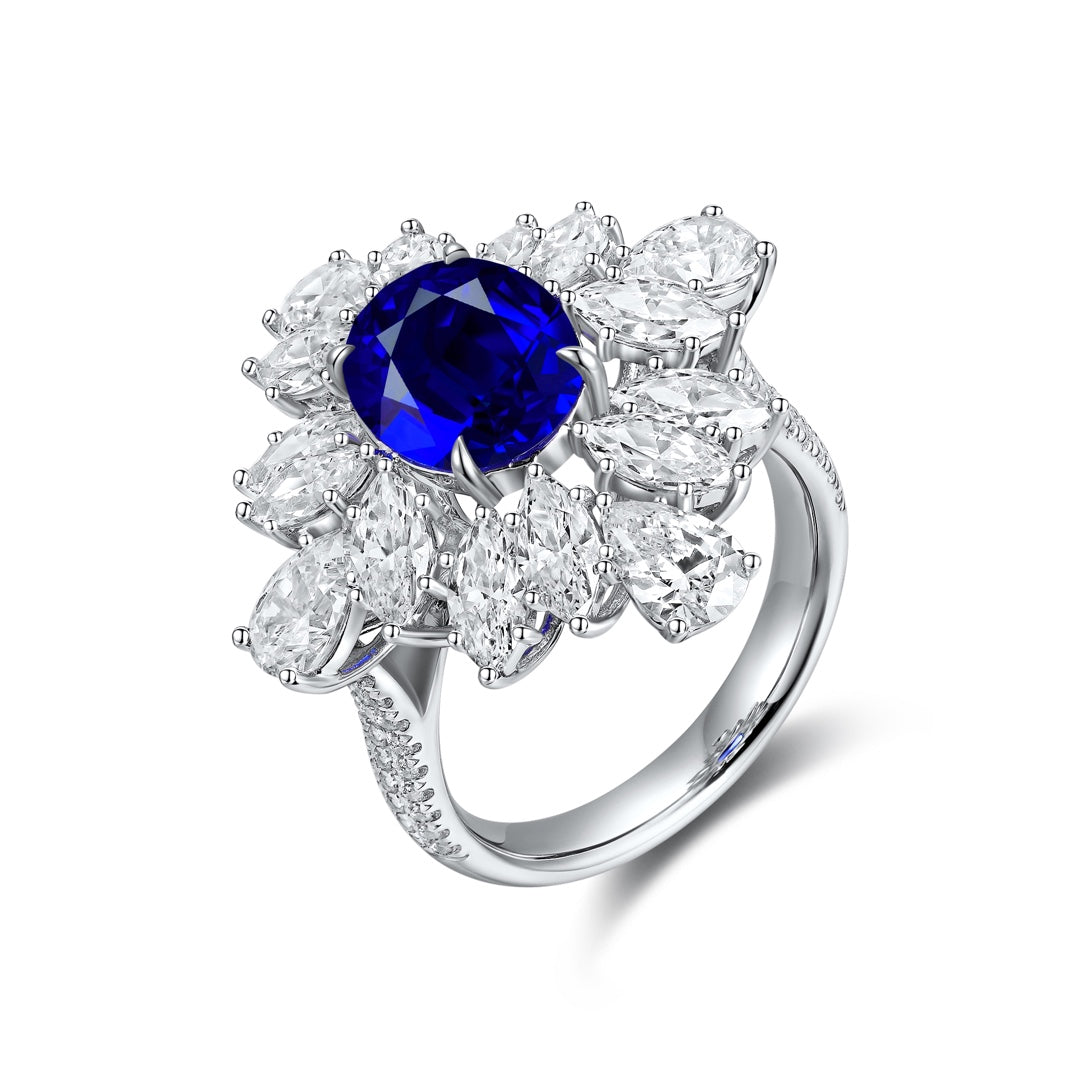 Pirmiana Jewelry S925 Silver 3.68ct Round Shape Lab Grown Blue Sapphire Ring Engagement Wedding Gifts