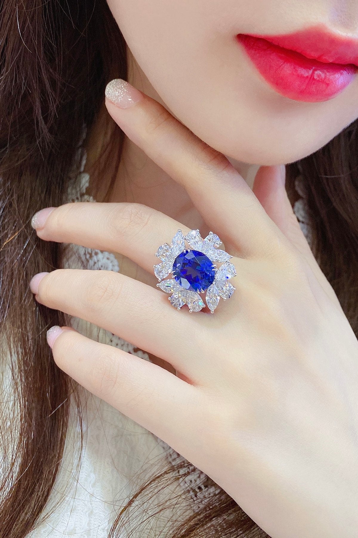 Pirmiana Jewelry S925 Silver 8.43ct Lab Grown Blue Sapphire Ring Engagement Wedding Gifts